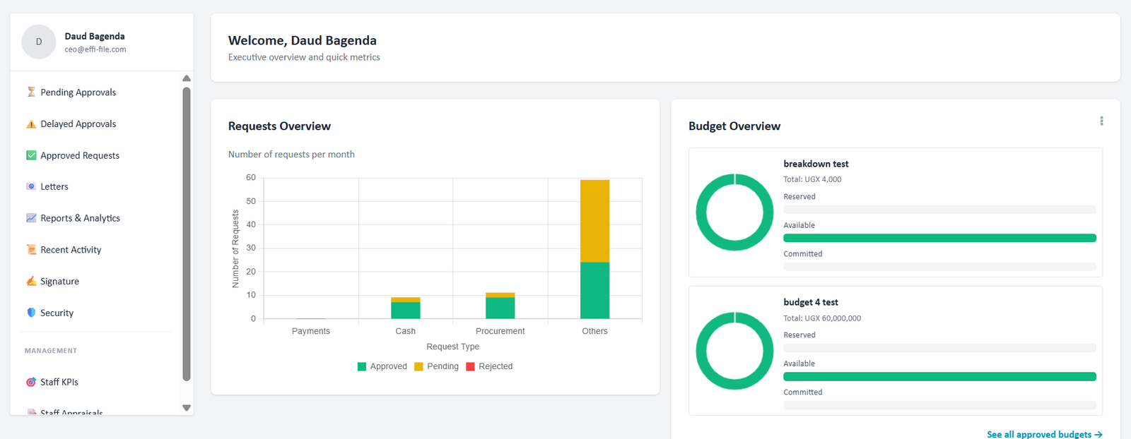 Effi-File dashboard interface